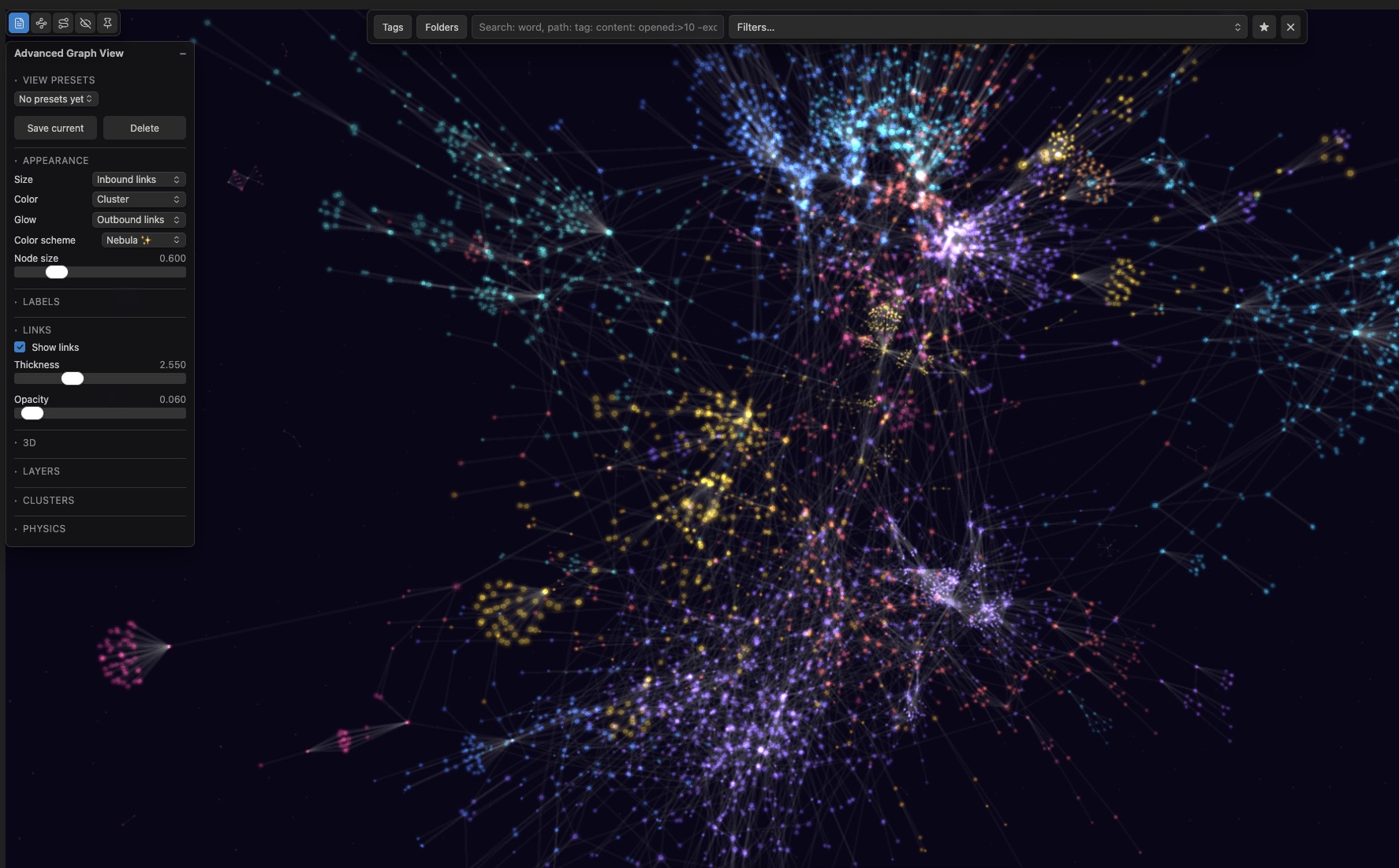 Advanced Graph View — Nebula color scheme on a 9k-note vault