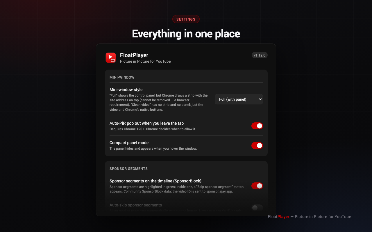 FloatPlayer options page