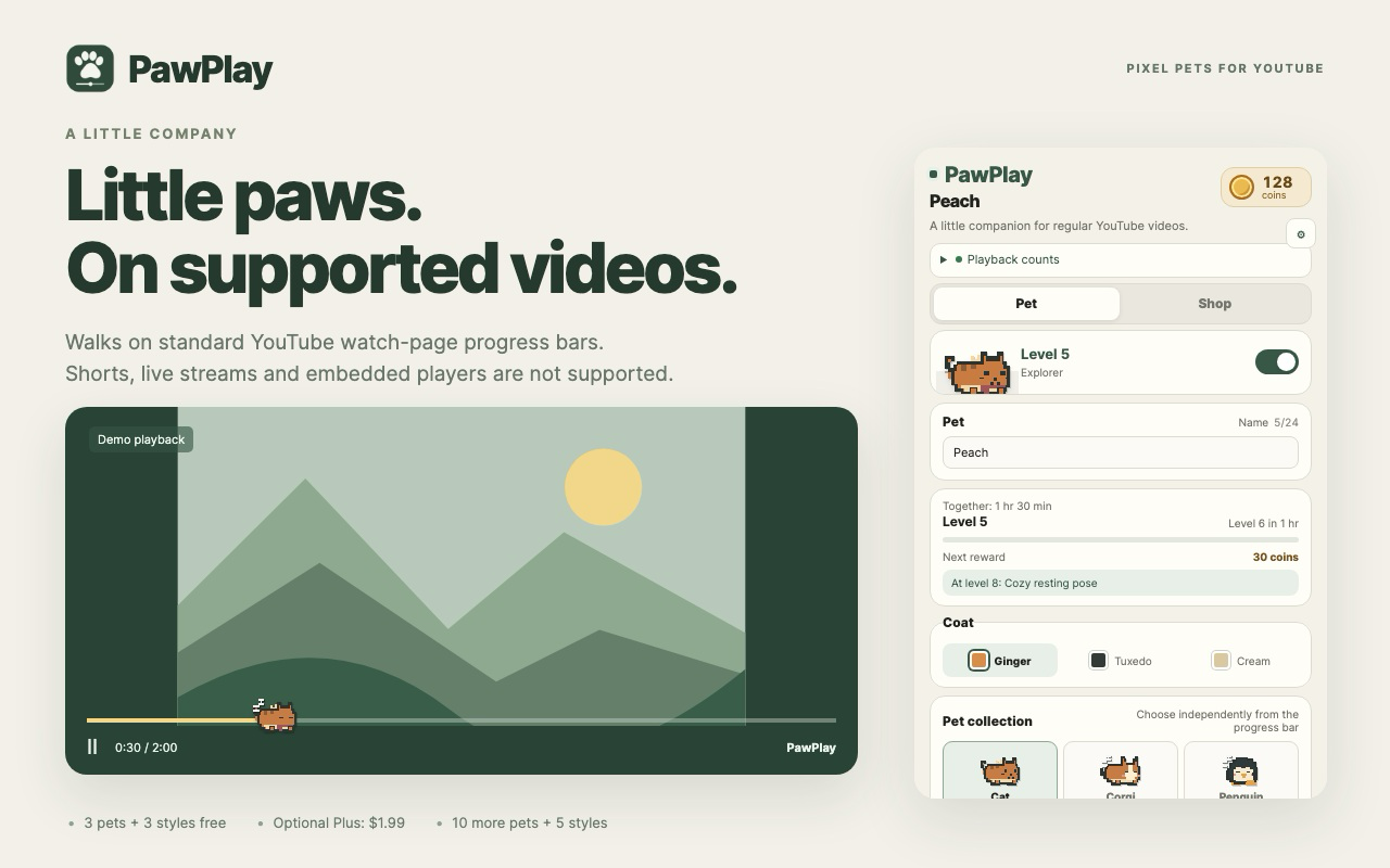 PawPlay pixel pets walking on a video progress bar, with the extension menu